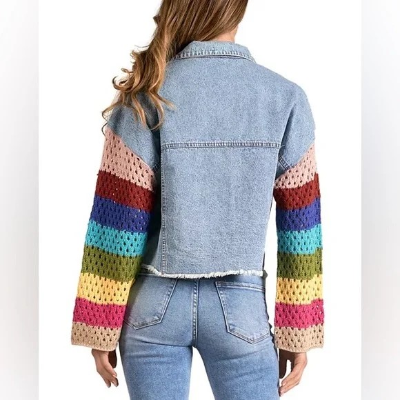 Elan Crochet Sleeve Cropped Denim Jacket Womens M Boho Festival - Picture 2 of 7